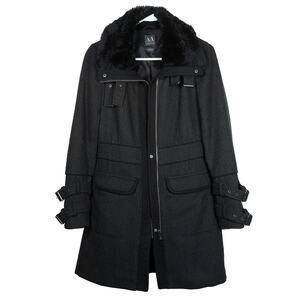 Armani Exchange Womens Coat Wool Blend Twill Buckles Faux Fur Neck Lining Small
